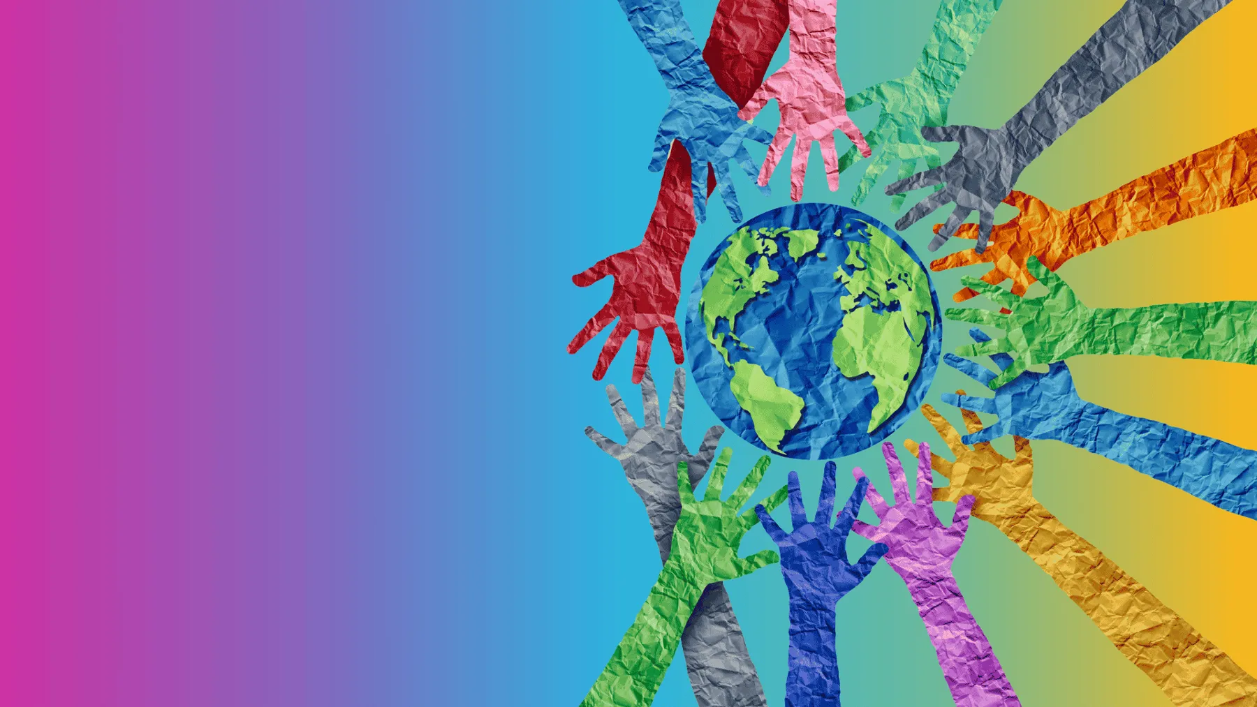 Colorful paper hands reaching toward a globe