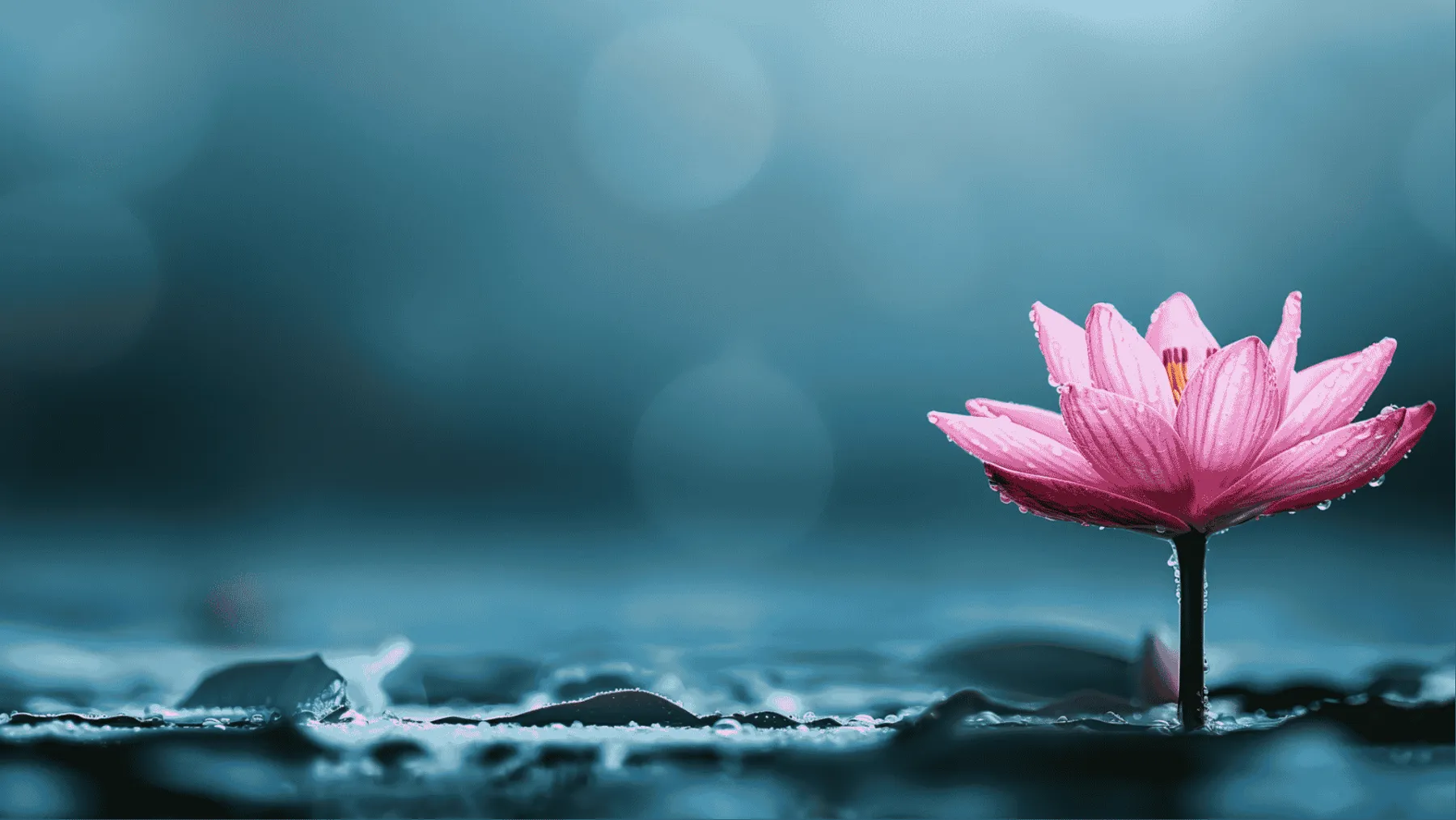 A single pink lotus rising from dark water