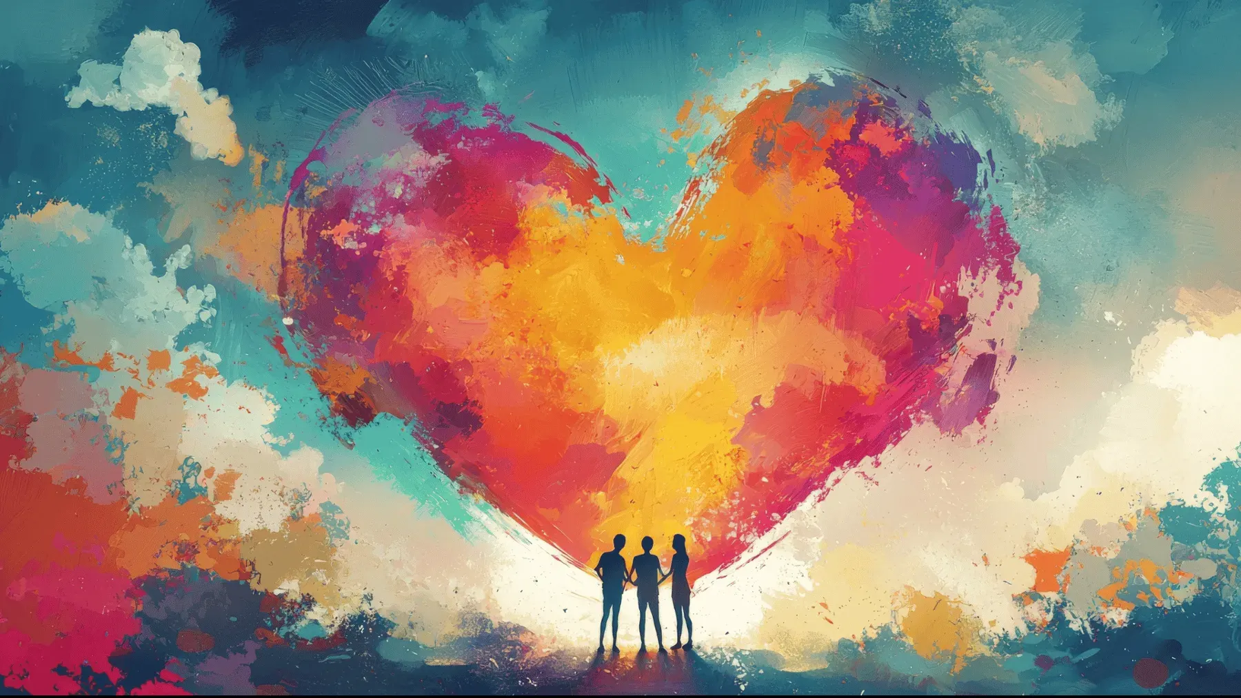 Three people beneath a painted rainbow heart